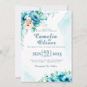 Elégante carte d'invitation florale bleue