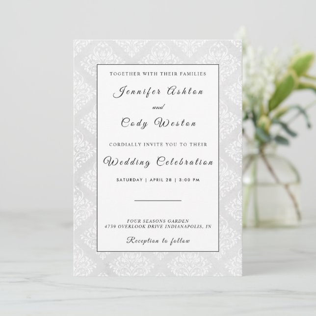 Elégante carte Faire-part de mariage blanche Damas (Debout devant)