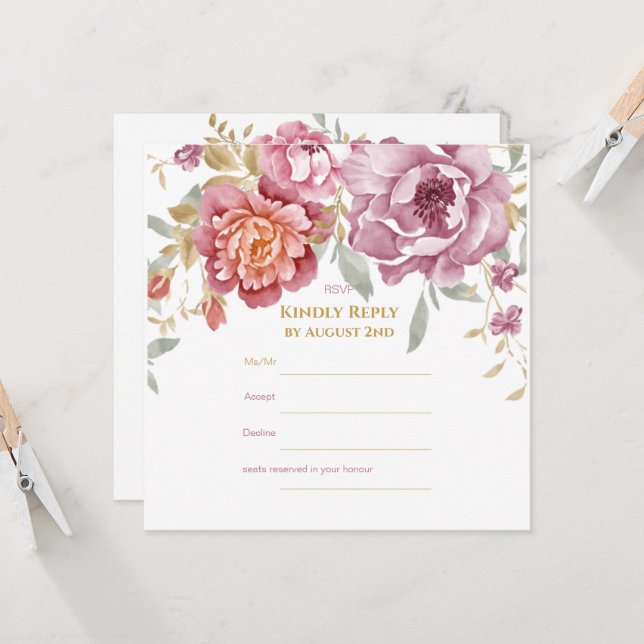 Elégante carte Floral & Gold RSVP (Devant/Arrière en situation)
