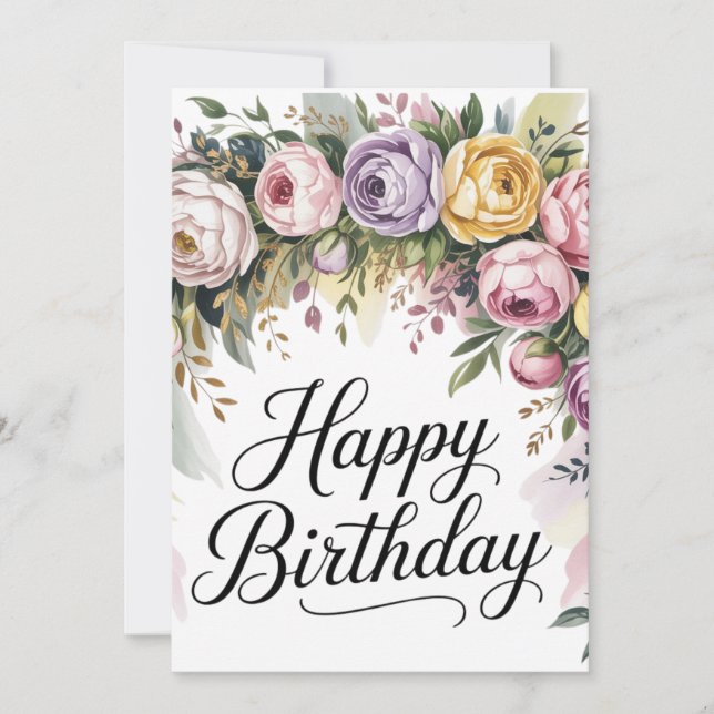 Elégante Carte Florale Anniversaire - Fleurs Aquar (Devant)