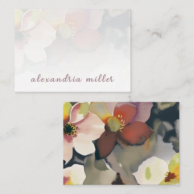 Elégante carte florale aquarelle avec nom (Devant / Derrière)
