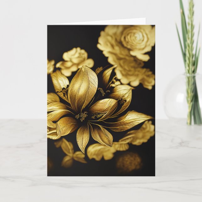 Elégante carte florale noire et or baroque (Devant)