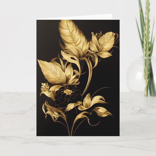 Elégante carte florale noire et or baroque (Devant)