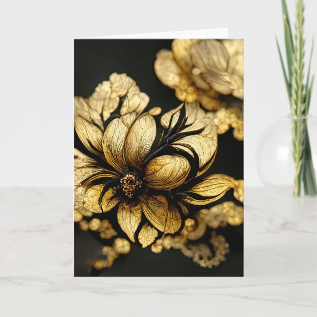 Elégante carte florale noire et or baroque (Devant)