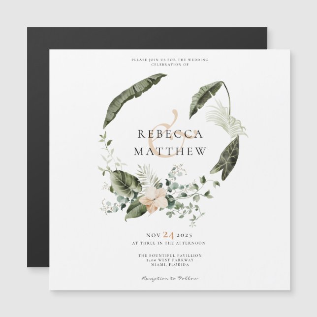 Elégante carte magnétique Mariage florale Boho (Devant / Derrière)