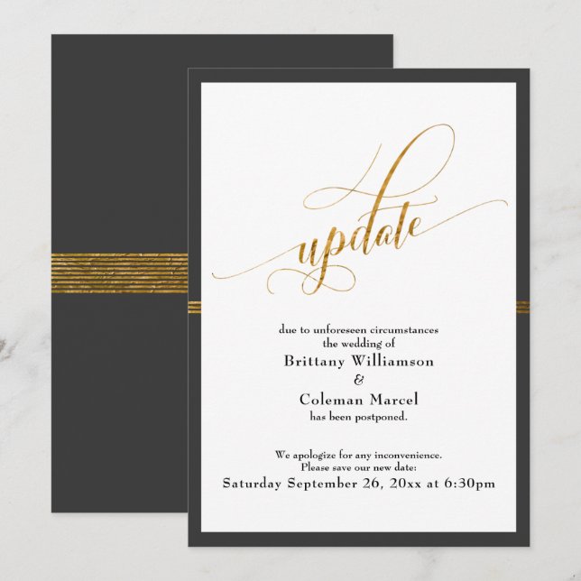 Elégante carte Mariage reportée Gris & Gris Or (Devant / Derrière)