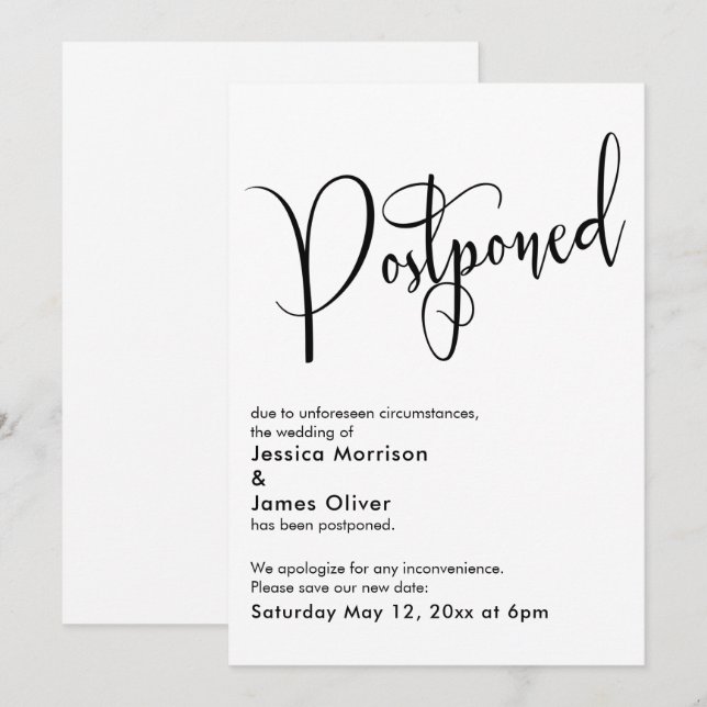 Élégante carte Mariage reportée simple mise à jour (Devant / Derrière)