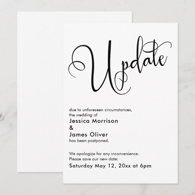 Élégante carte Mariage reportée simple mise à jour (Devant / Derrière)