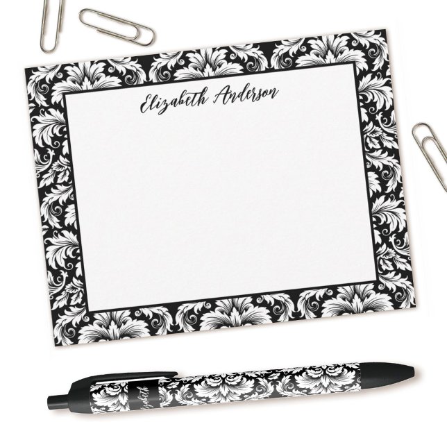Elégante carte Noir Blanc Damas (Elegant black and white damask notecard, Personalize it with your name.)