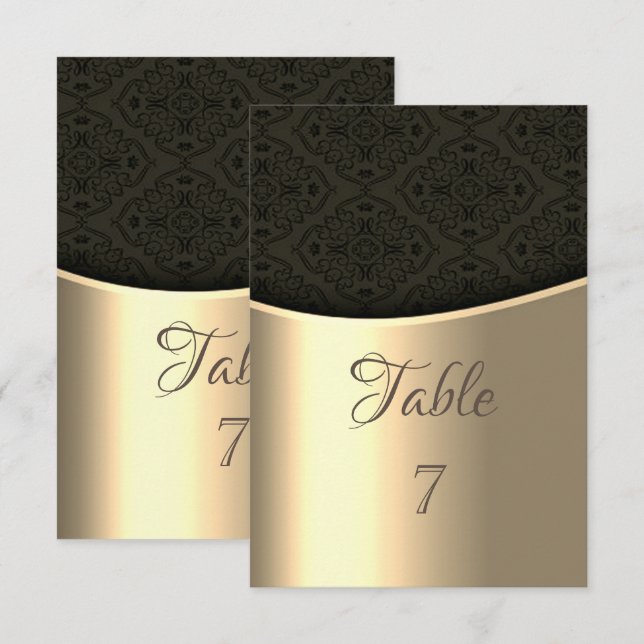 Elégante carte noire Damask Gold Table Card (Devant / Derrière)