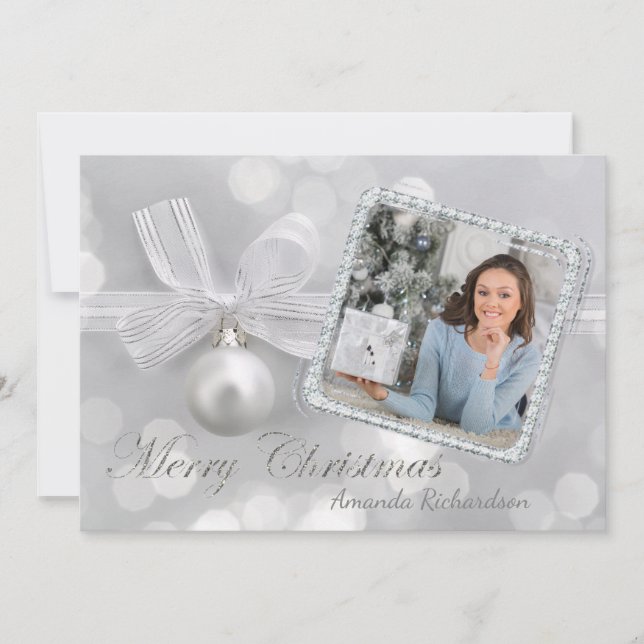 Elégante carte photo de Noël de l'ornement d'argen (Devant)