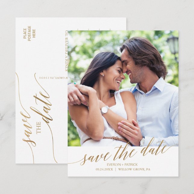 Élégante carte photo 'Save the Date' en calligraph (Devant / Derrière)
