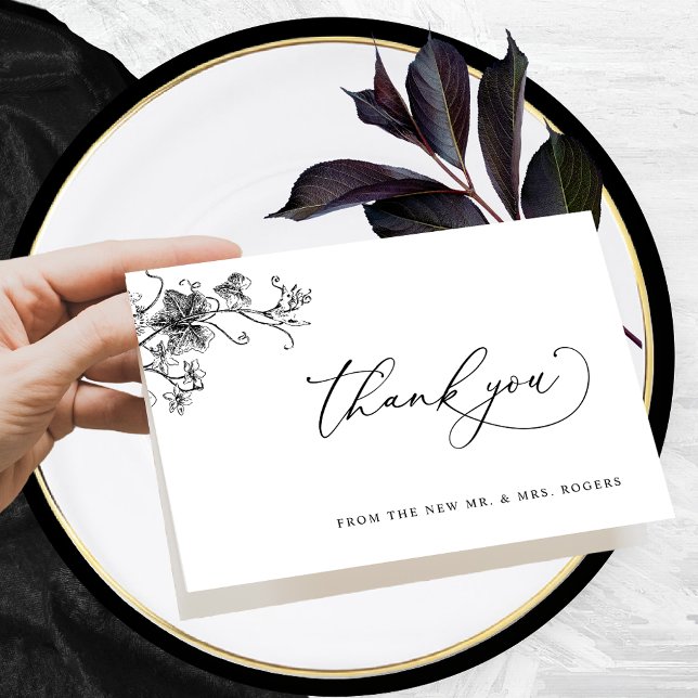 Élégante carte pliée de Merci Mariage Floral Noir (Créateur téléchargé)