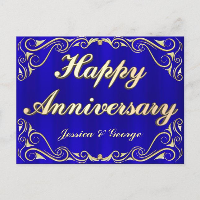 Elégante Carte postale Gold & Blue Anniversaire (Devant)