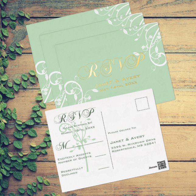 Elégante carte postale Pale Pastel Green RSVP Foil (Créateur téléchargé)