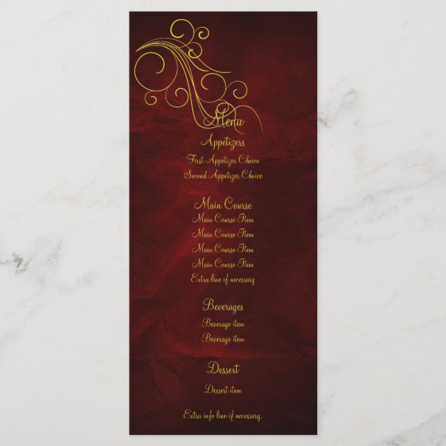 Élégante carte rack de menu Mariage Red Gold (Devant)
