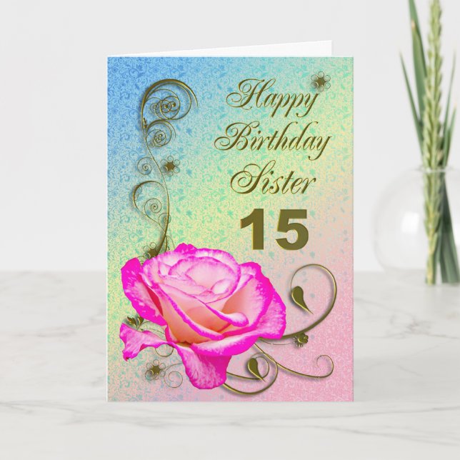 Elégante carte rose 15ème anniversaire pour Soeur (Devant)