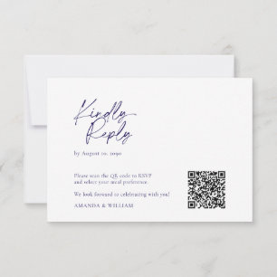 Elégante carte RSVP blanc & bleu marine QR Code RS
