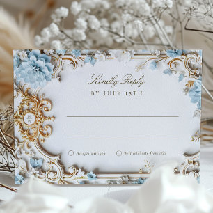 Elégante carte RSVP bleu Dusty avec or baroque