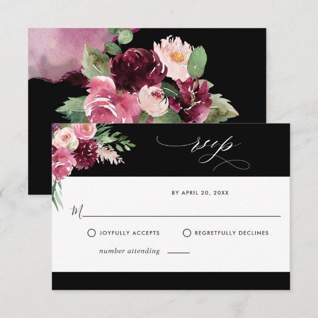 Elégante carte RSVP Burgundy Rose et Noir (Devant / Derrière)