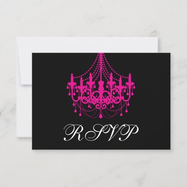 Elégante carte RSVP Chandelier noir et rose chaud (Devant)