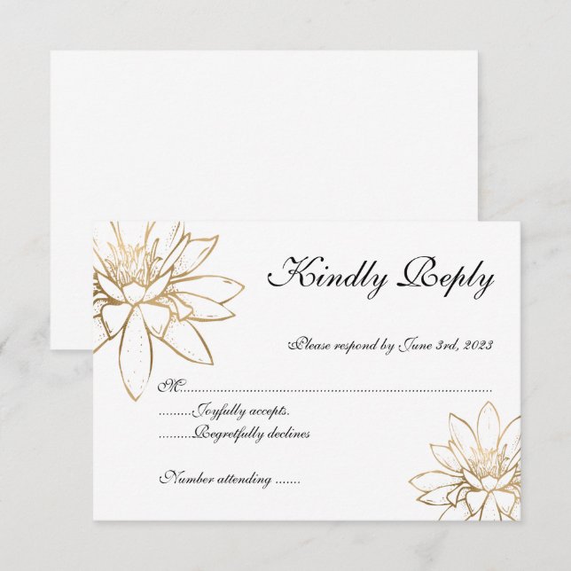 Elégante carte RSVP de mariage blanc, noir et or (Devant / Derrière)