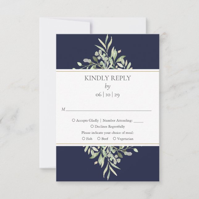 Elégante carte RSVP de mariage bleu marine (Devant)