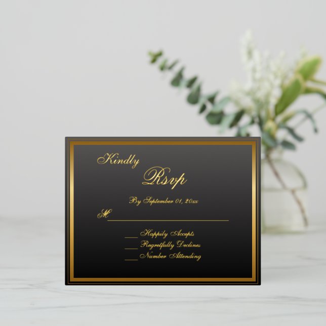 Elégante carte RSVP de mariage classique en or (Debout devant)