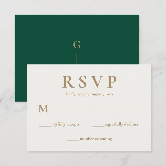 Elégante carte RSVP de mariage crème verte Emeraud (Devant / Derrière)