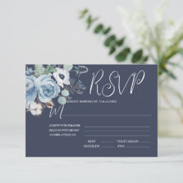 Elégante carte RSVP de mariage floral bleu foncé e