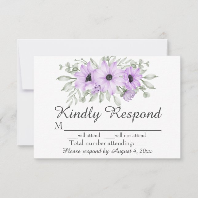 Élégante carte RSVP de mariage floral violet (Devant)