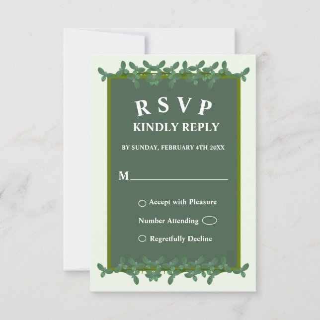 Elégante carte RSVP mariage Feuille vert (Devant)