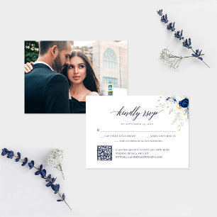 Elégante carte RSVP Mariage Floral bleu QR Code