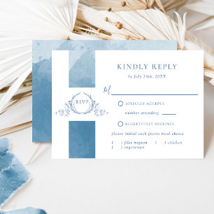 Elégante carte RSVP Mariage Monogram Blue Watercol