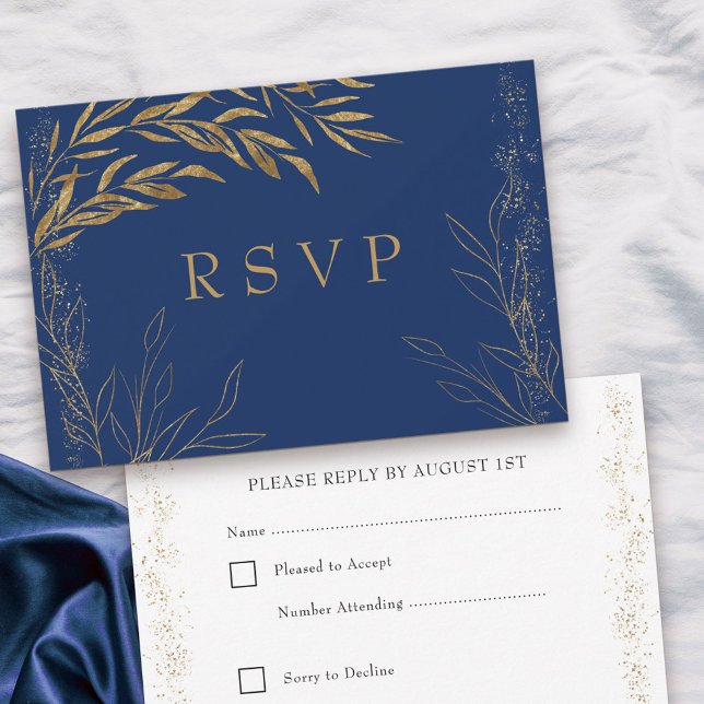 Elégante carte RSVP Royal Blue et Gold Leaf (Response Card with editable RSVP date in blue, from my Gold Leaf Collection
)