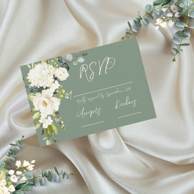 Elégante carte RSVP vert blanc floral (Créateur téléchargé)