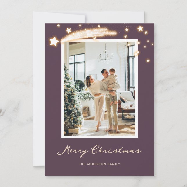 Élégante Cartes de Noël avec photo violet étoilé (Devant)