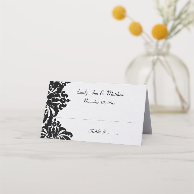 Elégante Cartes de Place Mariage damassé Noir (Devant)