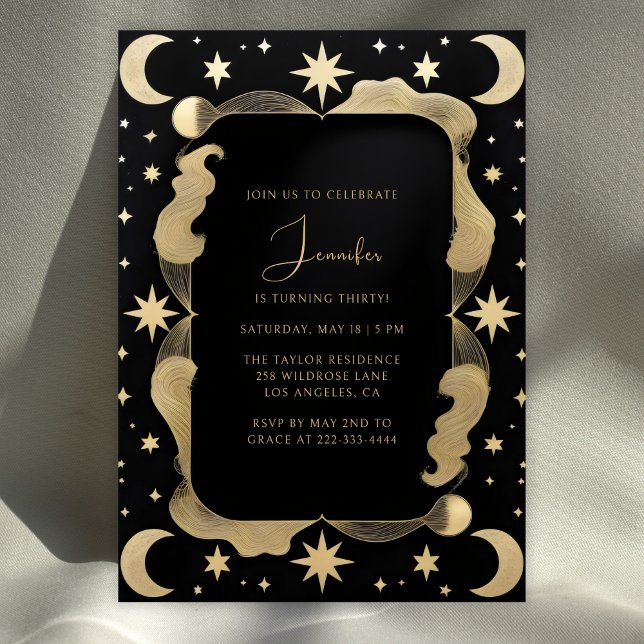 Elegante Celestial Black & Gold Stars 30. Geburtst Einladung (Elegant Celestial 30th Birthday Invitation Black & Gold Stars and Moon Party Invite)