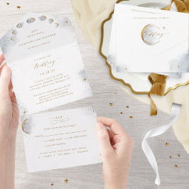Elegante Celestial Gold Moon and Stars Wedding All In One Einladung