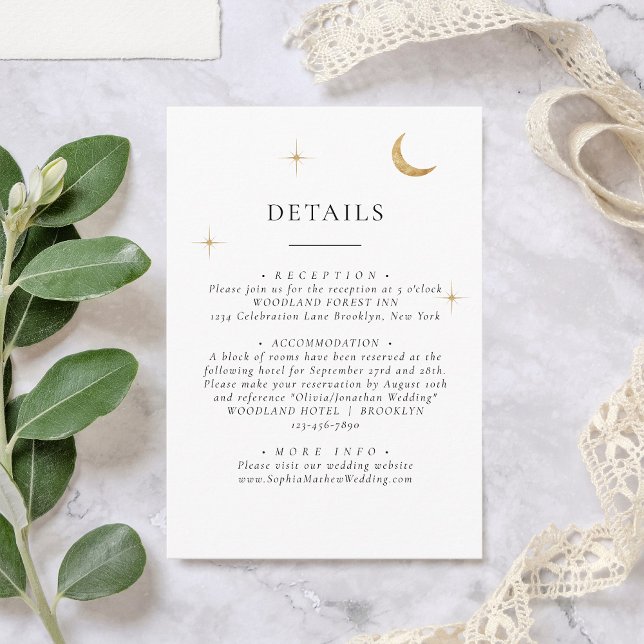 Elegante Celestial Gold Moon Stars Hochzeiten Deta Begleitkarte (Von Creator hochgeladen)