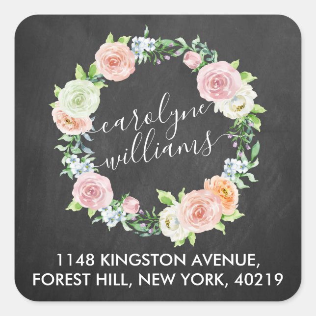 Elegante Chalkboard Floral Wreath Rücksendeadresse Quadratischer Aufkleber (Vorderseite)
