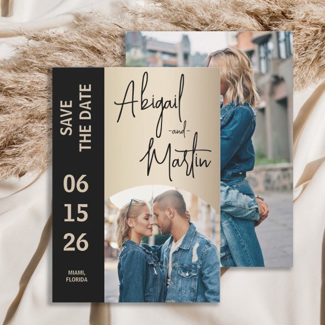 Elegante Champagne Black 2 Foto Hochzeit Save The Date (Champagne and black wedding Save the Date 2-photo arch photo card)