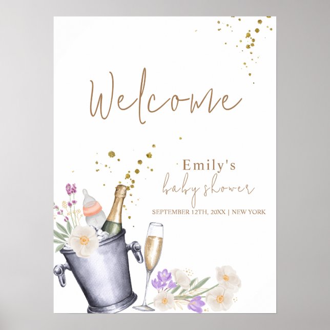 Elegante Champagne Flasche Baby Dusche Empfang Poster (Vorne)