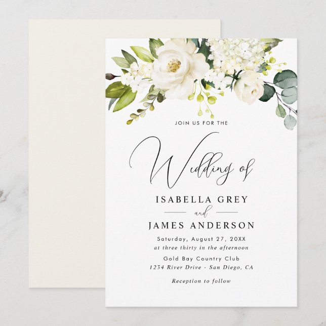 Elegante Champagne Floral Foliage Hochzeit Einladung (Vorne/Hinten)