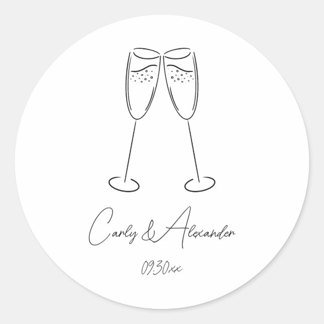 Elegante Champagne Glass Wedding Verlobung Runder Aufkleber (Vorderseite)