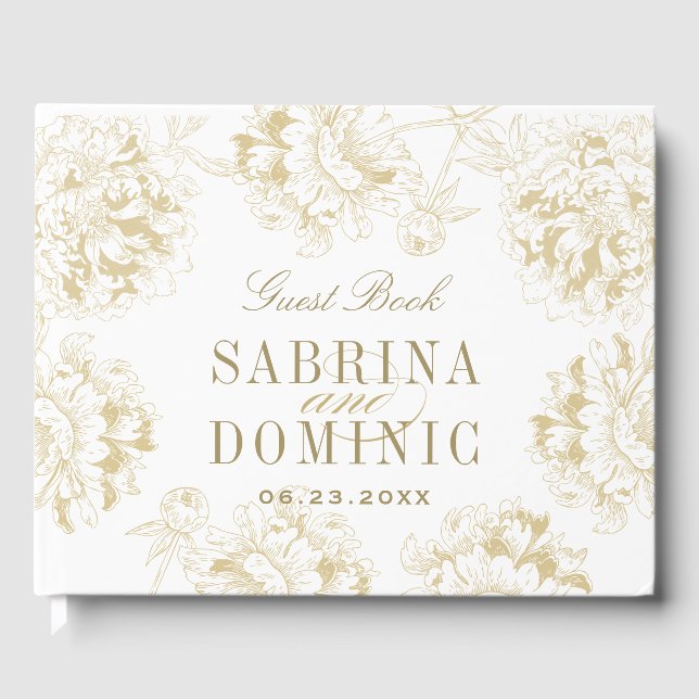 Elegante Champagne Gold Floral Peony Wedding Gästebuch (Vorderseite)