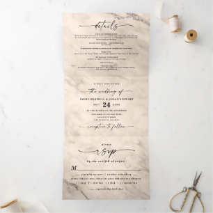 Elegante Champagne Gold Metallic Marmor Wedding Dreifach Gefaltete Einladung