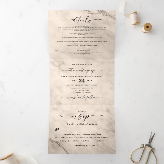 Elegante Champagne Gold Metallic Marmor Wedding Dreifach Gefaltete Einladung (Innenseite)