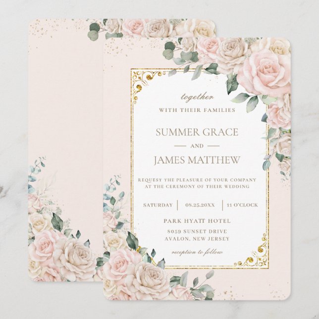 Elegante Champagne Ivory Blush Floral Wedding Einladung (Vorne/Hinten)